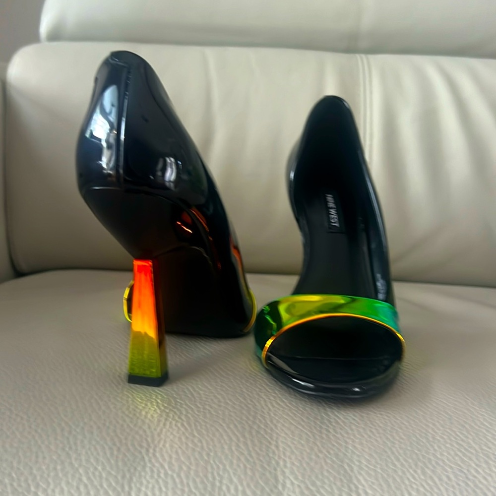 Nine West gasoline flare heels neon